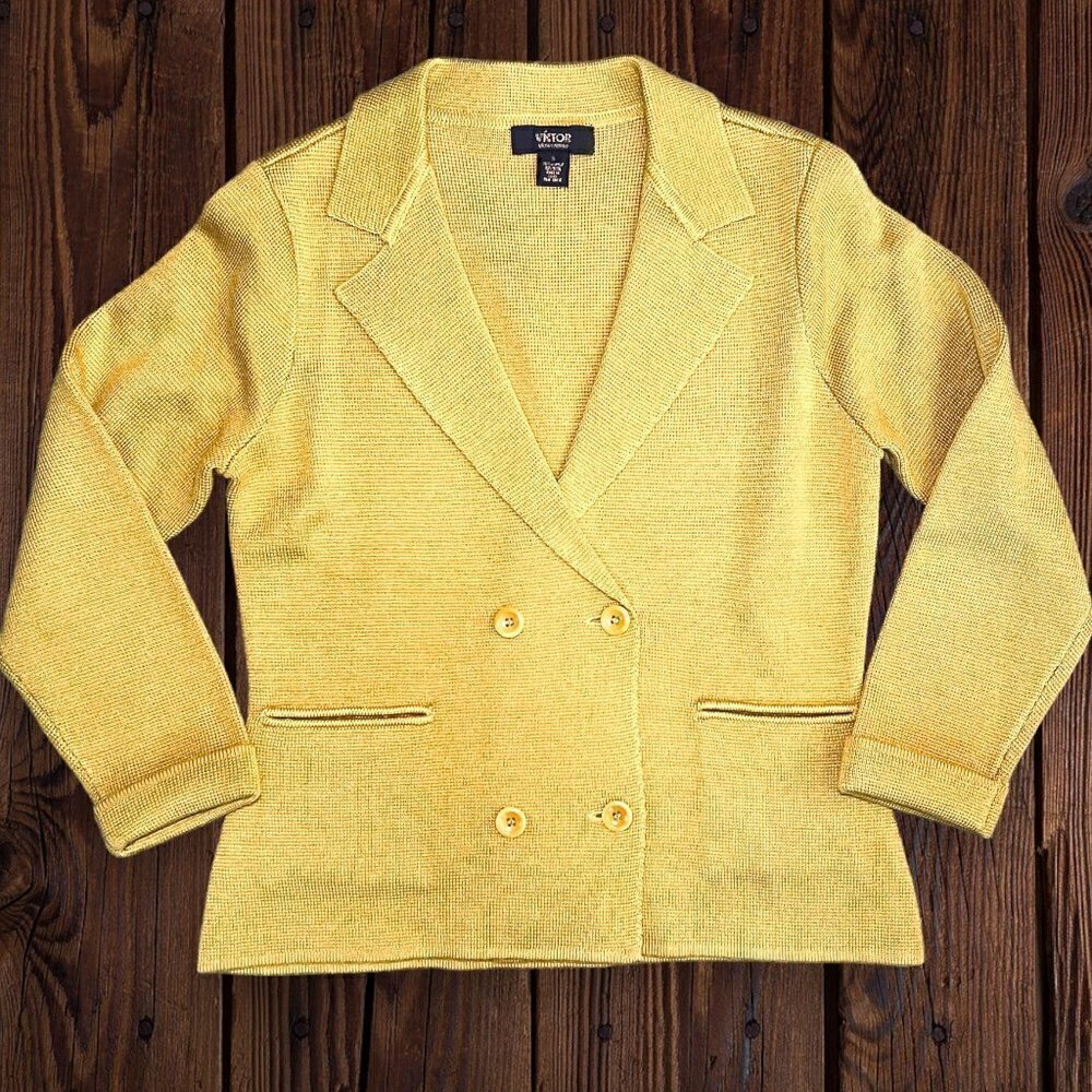 Victor Alfaro Yellow Gold Knit Blazer Cardigan Jacket Double Breasted S